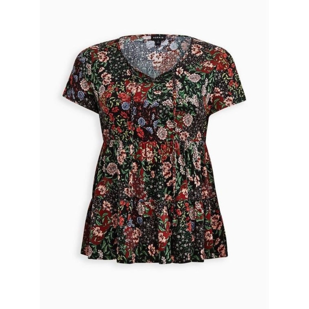 Torrid Black Floral Textured Stretch Rayon Babydoll Top Size 0 L 12 NEW - Picture 4 of 9